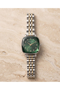 Kadın Kol Saati Çift Renk Çelik Kordon Yeşil Kadran Quartz Mineral Cam 3 ATM 28 mm