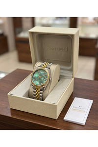 Kadın Kol Saati Efektli Yeşil Kadran Gün-Tarih Çift Renk Çelik Saat 32 mm