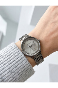 Kadın Kol Saati Hareketli Taşlı Çiçek Detaylı Antrasit Çelik Saat 38 mm