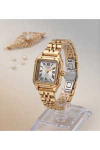 Kadın Saat 22x22 mm Kare Kasa Gold Çelik Kordon Gümüş Kadran Şık Kol Saati
