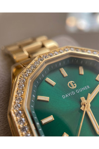 Kadın Saat 32 mm Gold Renkli Yeşil Kadran Taşlı Çerçeve Şık Çelik Kol Saati