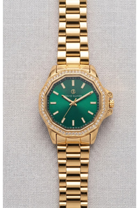 Kadın Saat 32 mm Gold Renkli Yeşil Kadran Taşlı Çerçeve Şık Çelik Kol Saati