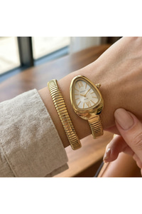 Milano 30 mm Kadın Saat Yılan Saat Beyaz Kadran Gold Esnek Kordon Şık Model