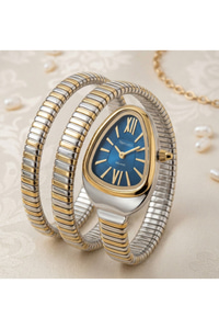 Milano 30 mm Kadın Saat Yılan Saat Mavi Kadran Gold Gümüş Esnek Kordon