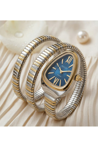 Milano 30 mm Kadın Saat Yılan Saat Mavi Kadran Gold Gümüş Esnek Kordon