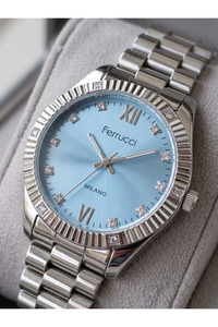 Milano 34 mm Kadın Kol Saati Mavi Kadran Taşlı Gümüş Renk Metal Kordon