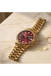 Milano 34 mm Kadın Saat Kırmızı Kadran Gold Çelik Kordon Takvimli Şık Model