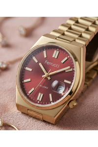 Milano 34 mm Kadın Saat Kırmızı Kadran Gold Çelik Kordon Takvimli Şık Model