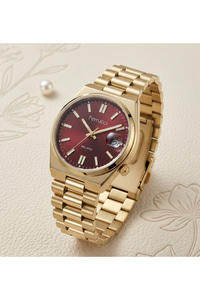 Milano 34 mm Kadın Saat Kırmızı Kadran Gold Çelik Kordon Takvimli Şık Model