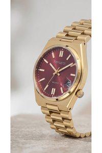 Milano 34 mm Küçük Kasa Unisex Kol Saati Gold Renkli Bordo Kadran Takvimli