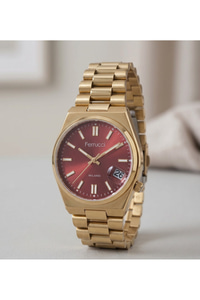 Milano 34 mm Küçük Kasa Unisex Kol Saati Gold Renkli Bordo Kadran Takvimli