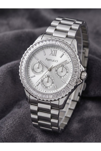 Milano 36 mm Taşlı Bezel Dekoratif Göstergeli Gümüş Kadın Saati