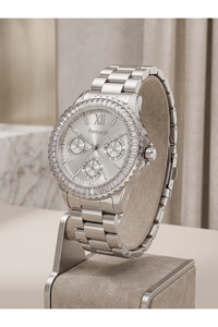 Milano 36 mm Taşlı Bezel Dekoratif Göstergeli Gümüş Kadın Saati