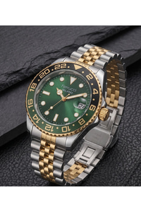Milano Erkek Kol Saati 39 mm Yeşil Kadran Siyah-Yeşil Bezel Fosforlu Göstergeli Çelik Kordon