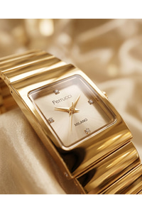 Milano Kadın Kol Saati 22mm Gold Renk Vintage Dikdörtgen Kasa Bileklik Saat Taş Detaylı Şık Kadın Saati