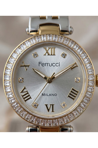 Milano Kadın Kol Saati 29 mm Küçük Kasa Taşlı Bezel Çift Renk Metal Kordon Gümüş Altın