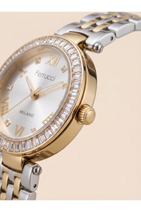 Milano Kadın Kol Saati 29 mm Küçük Kasa Taşlı Bezel Çift Renk Metal Kordon Gümüş Altın