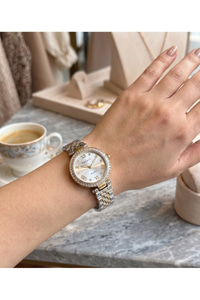 Milano Kadın Kol Saati 29 mm Küçük Kasa Taşlı Bezel Çift Renk Metal Kordon Gümüş Altın