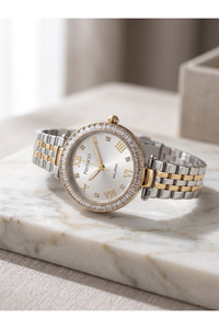 Milano Kadın Kol Saati 29 mm Küçük Kasa Taşlı Bezel Çift Renk Metal Kordon Gümüş Altın