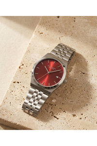 Unisex Kol Saati 37 mm Gümüş Kaplama Kırmızı Kadran Takvimli