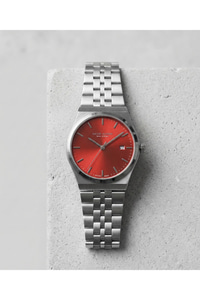 Unisex Kol Saati 37 mm Gümüş Kaplama Kırmızı Kadran Takvimli