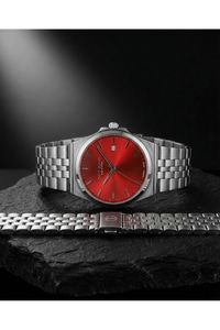 Unisex Kol Saati 37 mm Gümüş Kaplama Kırmızı Kadran Takvimli