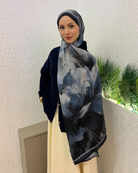 Buz Mavi Floral Desenli Müslin Şal