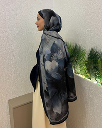 Buz Mavi Floral Desenli Müslin Şal