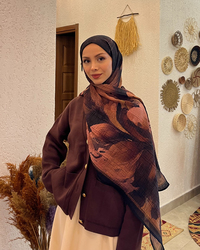 Camel Floral Desenli Müslin Şal