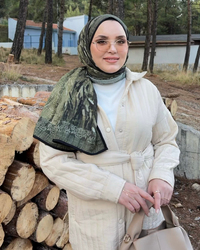 Haki Cevher Desenli Müslin Şal