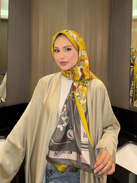 İthal Hardal & Gri H Horse Desen Twill İpek Şal 