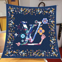 İthal Lacivert LV Flower Desen Twill İpek Eşarp