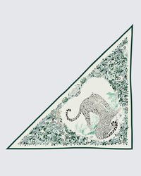 Krem & Yeşil Kenar - Tropikal Leopar Desenli Kaşmir Omuz Şalı