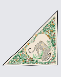 Krem & Zümrüt Yeşili - Tropikal Leopar Desenli Kaşmir Omuz Şalı