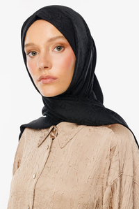 Lotus Desen İpeksi Jakar Şal - Siyah