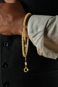 Bilek Boy Damla Kehribar Gümüş  Gold Ayyıldız Tasarım Kapsül Model Tesbih (Amber), (مسبحة قطرة كهريبار)