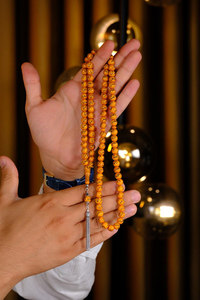Esmaül Hüsna İşleme Özel Gümüş Tasarım 99`luk Sıkma Kehribar Namaz Tesbihi 