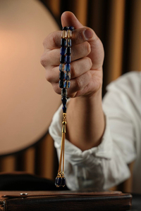 Gümüş Gold Tasarım Kapsül Model Mavi Hareli Ateş-i Sıkma Kehribar Tesbih