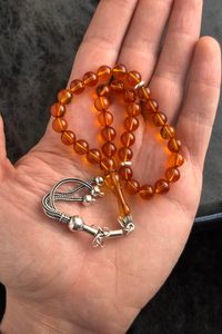 Mini Bürokrat Boy Gümüş Tasarım Damla Kehribar Tesbih (Amber), (مسبحة قطرة كهريبار)