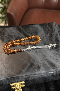 Mini Bürokrat Boy Gümüş Tasarım Damla Kehribar Tesbih (Amber), (مسبحة قطرة كهريبار)