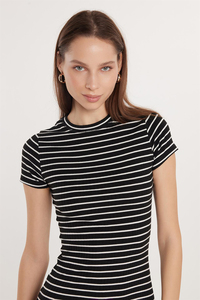 Kadın Slim Fit Dar Kesim Kısa Kollu Bisiklet Yaka Çizgili Elbise