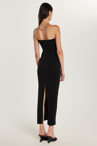 Kadın Slim Fit Dar Kesim Straplez Arka Yırtmaç Detaylı Siyah Midi Elbise