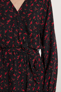 Kadın Slim Fit Dar Kesim Uzun Kollu Bağlamalı V Yaka Baskılı Viskon Elbise
