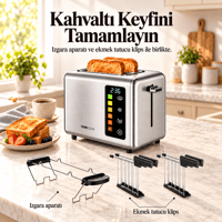 TIGRECOOK 2 Dilim Kapasiteli Dokunmatik Ekmek Kızartma Makinesi – 2 Tost Aparatı ve Ekmek Isıtma Rafı Dahil