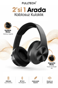 Fulltech FH-07 2'si 1 Arada Bluetooth 5.3 Kablosuz Kulaklık ve Hoparlör Siyah – 3W Çift Hoparlör, IPX4, Katlanabilir Tasarım