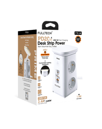 Fulltech FTR-38 600J Akım Korumalı 4'lü Priz – 20W PD Hızlı Şarj, USB-A ve 2 x USB-C Çıkışlı, Katlanabilir Gece Lambalı Güç Ünitesi
