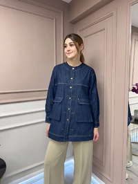 Ceremony 5840 Lacivert Sıfır Yaka Önden Pileli Denim Kap