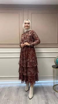 Cloche CL2897 Kahverengi Kat Kat Desenli Etek