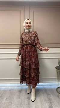 Cloche CL2897 Kahverengi Kat Kat Desenli Etek