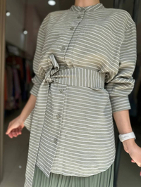 Cloche CL3150 Yeşil Çizgi Desen Bağlamalı Gömlek